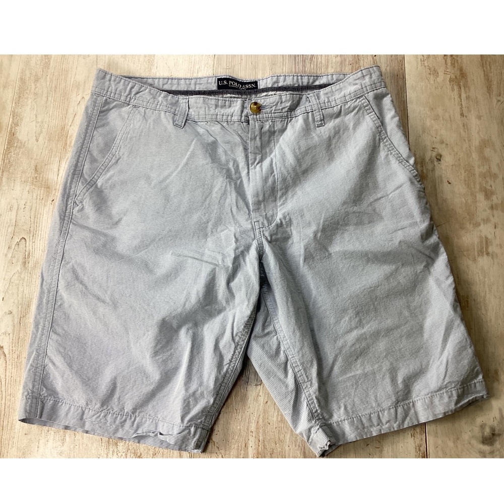 US Polo Assn Mens Striped Chino Shorts Blue White Size 36 Flat Front Cotton